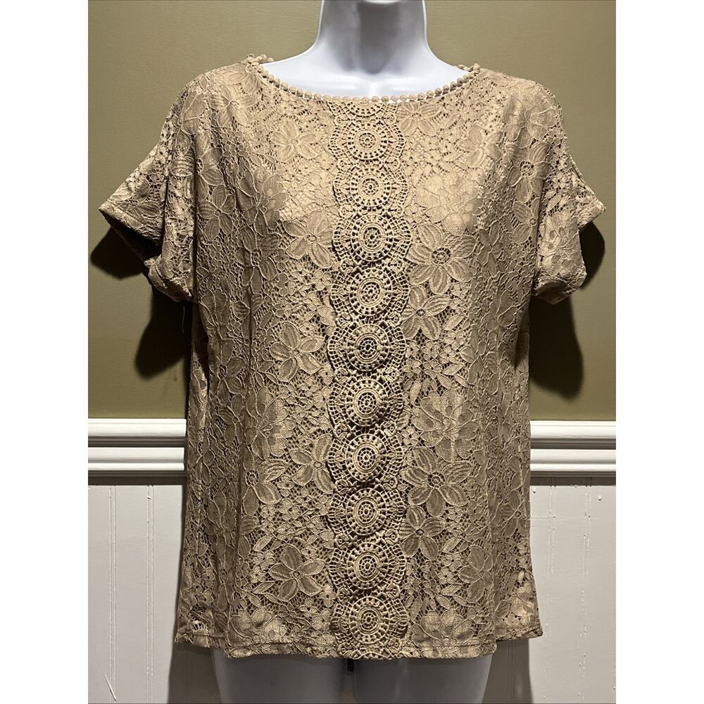 Cable & Gauge Lace Blouse – Beige Short Sleeve Dressy Top NWT Size M